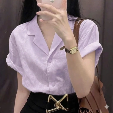 Áo sơ mi nữ cổ vest form suông, tay cộc vai trễ, linen bột mềm mát, form rộng - ASM09 - giảm 22% 6
