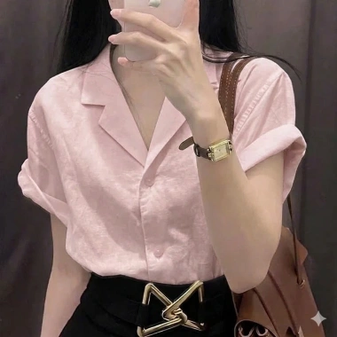 Áo sơ mi nữ cổ vest form suông, tay cộc vai trễ, linen bột mềm mát, form rộng - ASM09 - giảm 22% 7