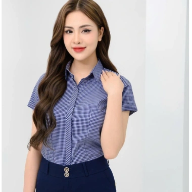 Áo sơ mi nữ công sở Anadi cổ bẻ caro ô nhí đỏ-xanh than lụa silk 260 - 317.400₫ 3
