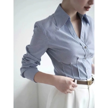Áo sơ mi nữ công sở chiết ly eo, tay dài màu xanh kẻ sọc thanh lịch - 239.999đ 3