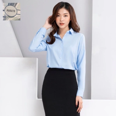 Áo sơ mi nữ công sở dài tay xanh nhạt dáng suông, chất liệu chống nhăn, giá 95.000₫