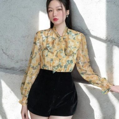 Áo sơ mi nữ công sở họa tiết hoa, cổ nơ tay bèo, oxatyl 2 lớp, chất vải tơ mát mùa hè - Giá 265k