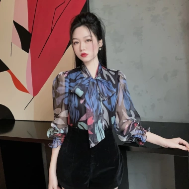 Áo sơ mi nữ công sở họa tiết hoa, cổ nơ tay bèo, oxatyl 2 lớp, chất vải tơ mát mùa hè - Giá 265k