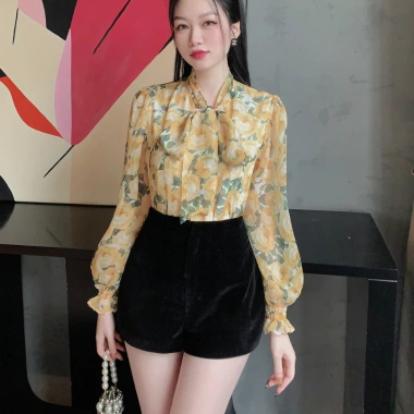 Áo sơ mi nữ công sở họa tiết hoa, cổ nơ tay bèo, oxatyl 2 lớp, chất vải tơ mát mùa hè - Giá 265k
