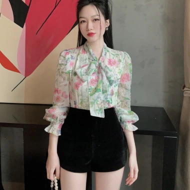 Áo sơ mi nữ công sở họa tiết hoa, cổ nơ tay bèo, oxatyl 2 lớp, chất vải tơ mát mùa hè - Giá 265k