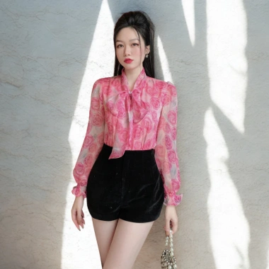 Áo sơ mi nữ công sở họa tiết hoa, cổ nơ tay bèo, oxatyl 2 lớp, chất vải tơ mát mùa hè - Giá 265k