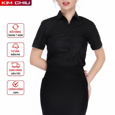 Áo sơ mi nữ công sở kim chiêu đen tay ngắn vải Kate ít nhăn giãn nhẹ, đổi trả thoải mái