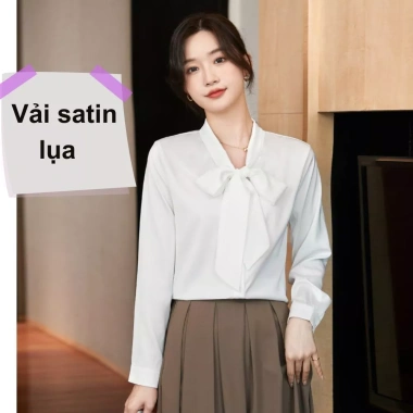 Áo sơ mi nữ công sở satin YOLUMI - Cổ thắt nơ thanh lịch, sang trọng, 85.000₫