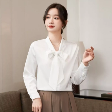 Áo sơ mi nữ công sở satin YOLUMI - Cổ thắt nơ thanh lịch, sang trọng, 85.000₫