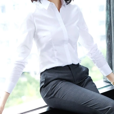 Áo sơ mi nữ công sở trắng dài tay chiết eo ly giấu cúc không nhăn bigsize Hàn Quốc 2