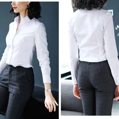 Áo sơ mi nữ công sở trắng dài tay chiết eo ly giấu cúc không nhăn bigsize Hàn Quốc 4