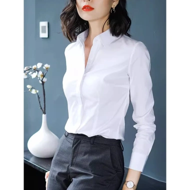 Áo sơ mi nữ công sở trắng dài tay chiết eo ly giấu cúc không nhăn bigsize Hàn Quốc 9