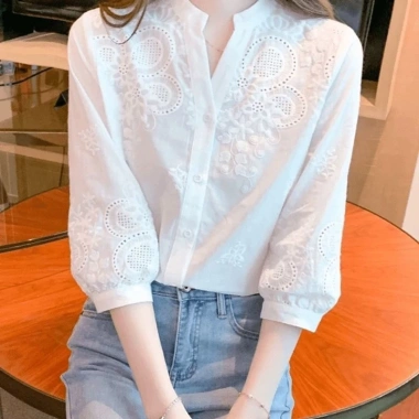 Áo sơ mi nữ cotton nguyên chất cổ V, thêu họa tiết tay áo, phong cách Tây mùa hè - Giá chỉ 178.811 VND