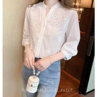 Áo sơ mi nữ cotton nguyên chất cổ V, thêu họa tiết tay áo, phong cách Tây mùa hè - Giá chỉ 178.811 VND
