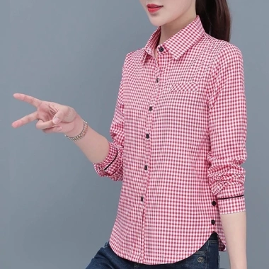 Áo sơ mi nữ dài tay cổ điển kẻ sọc đỏ-đen, độc đáo, phong cách thanh lịch, giảm giá 149.040₫ 4