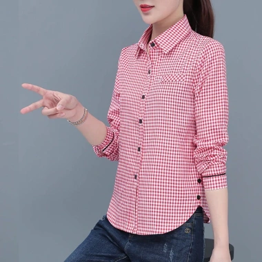 Áo sơ mi nữ dài tay cổ điển kẻ sọc đỏ-đen, độc đáo, phong cách thanh lịch, giảm giá 149.040₫ 8