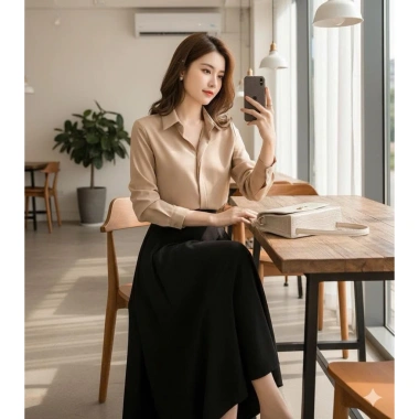 Áo sơ mi nữ dài tay công sở nẹp dấu khuy cúc, lụa mềm mịn, form vừa - Giá chỉ 200.000