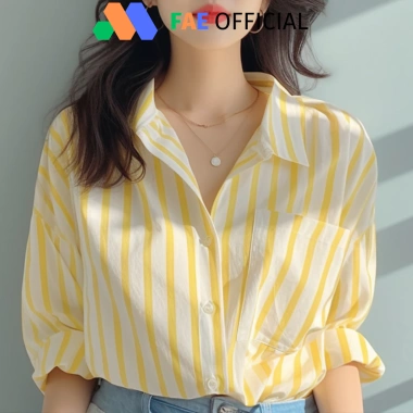 Áo sơ mi nữ dài tay FAE OFFICIAL kẻ vàng tôn da 250gsm thoáng mát 116.619 VND