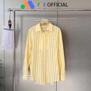 Áo sơ mi nữ dài tay FAE OFFICIAL kẻ vàng tôn da 250gsm thoáng mát 116.619 VND