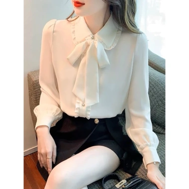 Áo sơ mi nữ dài tay viền bèo, dây buộc nơ tháo rời công sở HQ giá 188.999₫