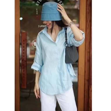 Áo sơ mi nữ form rộng trễ vai đuôi tôm Linen bột Premium ASM01 Giá chỉ 299.000₫