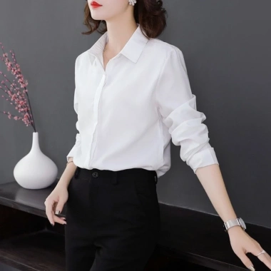 Áo sơ mi nữ Hàn Quốc cổ bẻ GIẤU NÚT rộng dài tay vải lụa mềm mịn ít nhăn