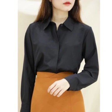 Áo sơ mi nữ Hàn Quốc cổ bẻ GIẤU NÚT rộng dài tay vải lụa mềm mịn ít nhăn 5 Áo sơ mi nữ Hàn Quốc cổ bẻ GIẤU NÚT rộng dài tay vải lụa mềm mịn ít nhăn 5