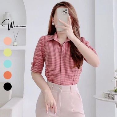 Áo sơ mi nữ kẻ caro cổ đức tay lỡ nơ trẻ trung WEXUU BS07.01 giảm giá 200k
