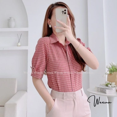 Áo sơ mi nữ kẻ caro cổ đức tay lỡ nơ trẻ trung WEXUU BS07.01 giảm giá 200k