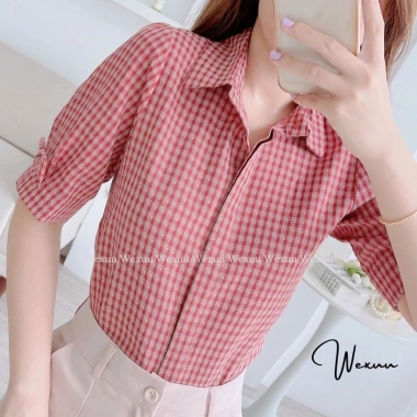 Áo sơ mi nữ kẻ caro cổ đức tay lỡ nơ trẻ trung WEXUU BS07.01 giảm giá 200k