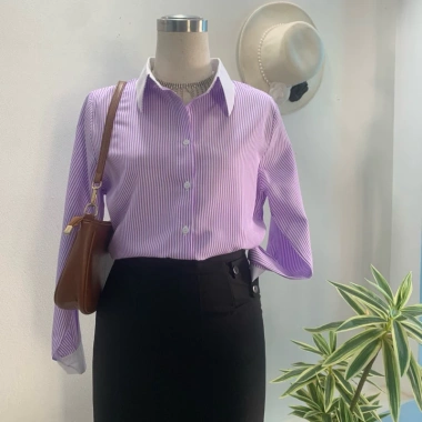 Áo sơ mi nữ kẻ sọc phối cổ trắng tay dài lụa Kate mỏng thoáng mát Size40-85kg giá 155.000₫ 7