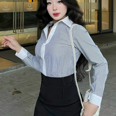 Áo sơ mi nữ kẻ sọc tay dài, cổ trầm công sở, vải Oxford, giảm giá 125.000đ