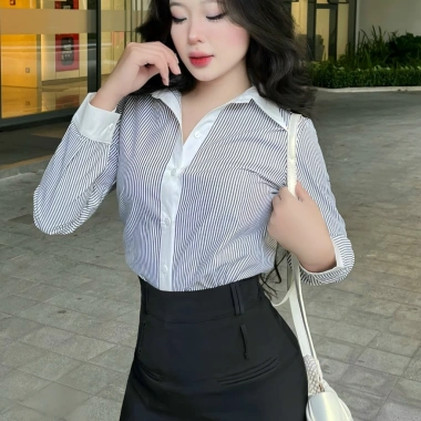 Áo sơ mi nữ kẻ sọc tay dài, cổ trầm công sở, vải Oxford, giảm giá 125.000đ