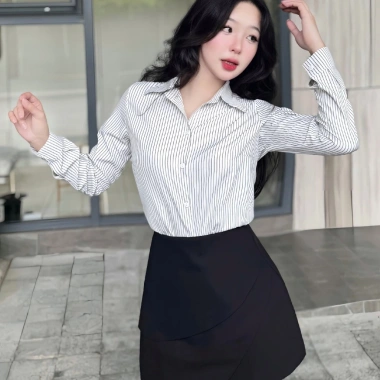 Áo sơ mi nữ kẻ sọc tay dài, cổ trầm công sở, vải Oxford, giảm giá 125.000đ