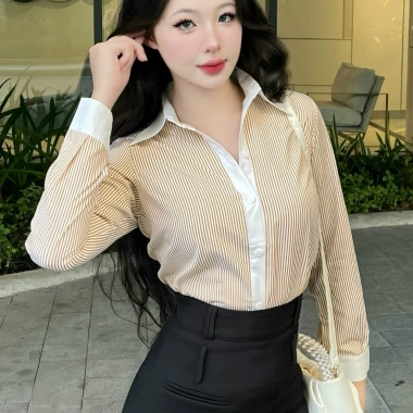 Áo sơ mi nữ kẻ sọc tay dài, cổ trầm công sở, vải Oxford, giảm giá 125.000đ