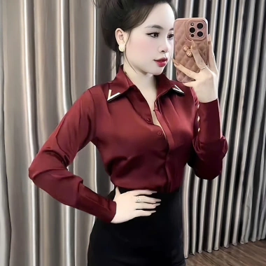Áo sơ mi nữ lụa cổ V hợp kim - Thiết kế sang trọng màu đỏ đen trắng, giảm giá 22% 2