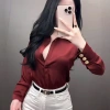 Áo sơ mi nữ lụa cổ V hợp kim - Thiết kế sang trọng màu đỏ đen trắng, giảm giá 22% 3