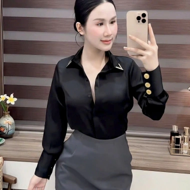 Áo sơ mi nữ lụa cổ V hợp kim - Thiết kế sang trọng màu đỏ đen trắng, giảm giá 22% 8