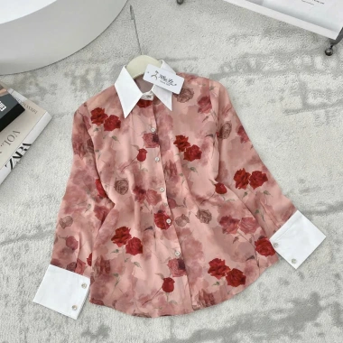 Áo sơ mi nữ lụa hoạ tiết hoa xanh đỏ, công sở phối cổ trắng - Giá chỉ 195.000 VND