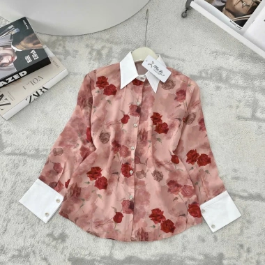 Áo sơ mi nữ lụa hoạ tiết hoa xanh đỏ, công sở phối cổ trắng - Giá chỉ 195.000 VND