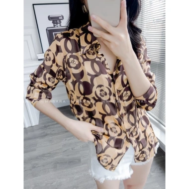 Áo sơ mi nữ lụa tằm dài tay cao cấp công sở hoa cánh to nâu MQ Boutique 289.000đ 3