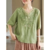 Áo sơ mi nữ mùa hè cổ chữ V tay năm phần tư, cotton & organza thêu họa tiết - 254k 2
