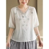 Áo sơ mi nữ mùa hè cổ chữ V tay năm phần tư, cotton & organza thêu họa tiết - 254k 3