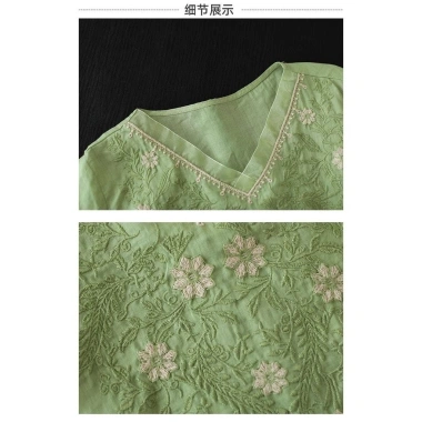 Áo sơ mi nữ mùa hè cổ chữ V tay năm phần tư, cotton & organza thêu họa tiết - 254k 5 Áo sơ mi nữ mùa hè cổ chữ V tay năm phần tư, cotton & organza thêu họa tiết - 254k 5