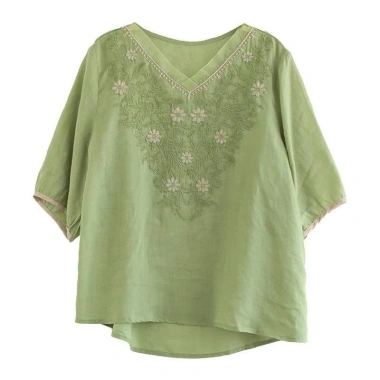 Áo sơ mi nữ mùa hè cổ chữ V tay năm phần tư, cotton & organza thêu họa tiết - 254k 7 Áo sơ mi nữ mùa hè cổ chữ V tay năm phần tư, cotton & organza thêu họa tiết - 254k 7