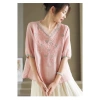Áo sơ mi nữ mùa hè cổ chữ V tay năm phần tư, cotton & organza thêu họa tiết - 254k 9