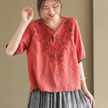 Áo sơ mi nữ mùa hè cổ chữ V tay năm phần tư, cotton & organza thêu họa tiết - 254k 13 Áo sơ mi nữ mùa hè cổ chữ V tay năm phần tư, cotton & organza thêu họa tiết - 254k 13