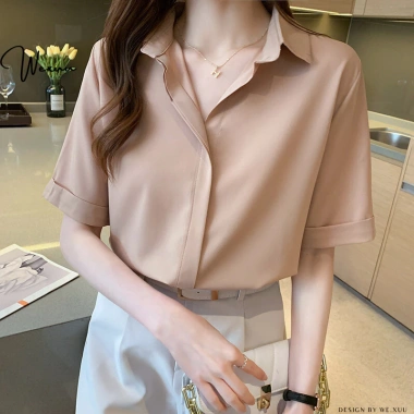 Áo sơ mi nữ ngắn tay công sở WEXUU chất lụa mềm thoáng mát - Giá chỉ 205.000₫