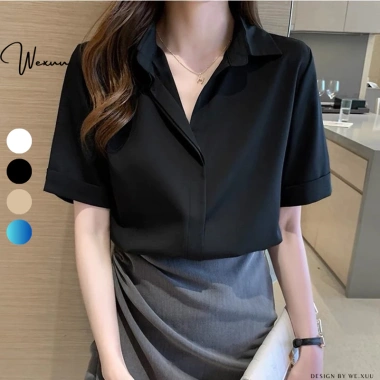 Áo sơ mi nữ ngắn tay công sở WEXUU form suông rộng, chất lụa mềm thoáng khí 190k