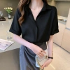 Áo sơ mi nữ ngắn tay công sở WEXUU form suông rộng, chất lụa mềm thoáng khí 190k 3